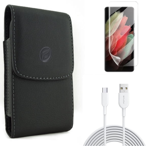 6ft USB-C Cable & Matte Screen Protector & Case Belt Clip for Samsung Galaxy S21 Ultra Phone - Type-C Fast Charger & TPU Film Anti-Glare & Leather Holster Accessory Bundle