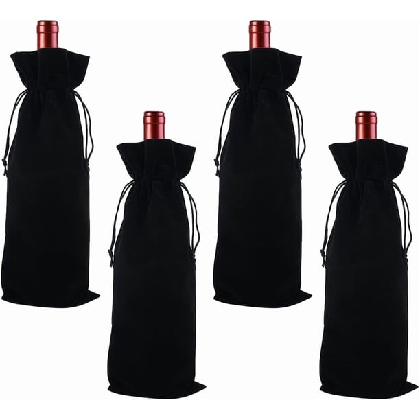 4 bolsas de terciopelo para vino de 14,8 x 6 pulgadas con cordón ajustable, bolsas de regalo para champán y vino, bolsas reutilizables negras para envolver botellas de vino.