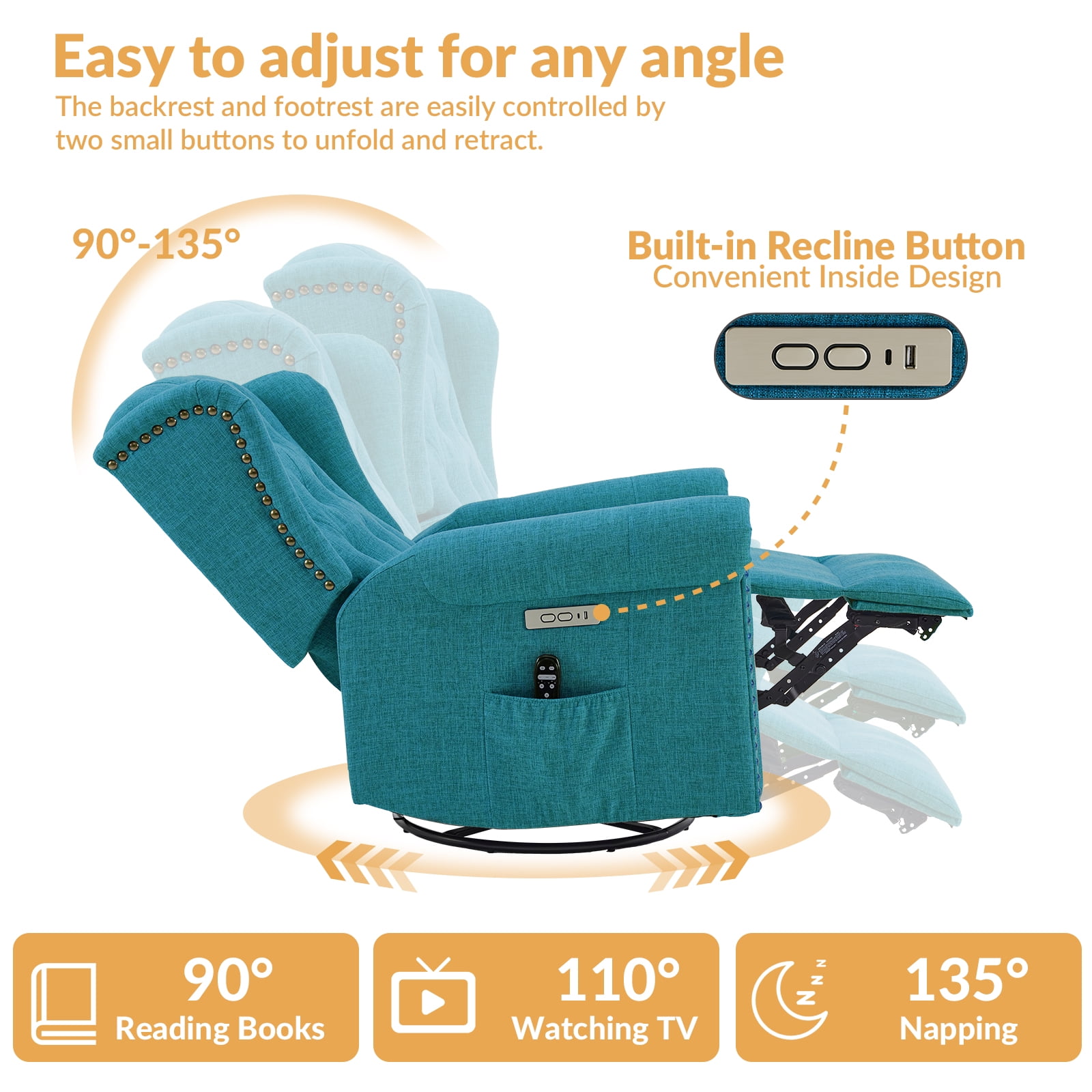 OUINCH Power Swivel Rocking Glider Recliner Chair, Electric Nursery Reclining Sofa Chair with Heat and Massage, Wingback Tufted Upholstered Recliner for Living Room, USB and Type-C Ports, Teal