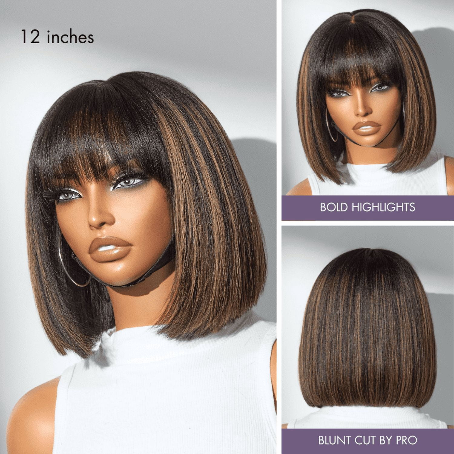 LUVME 10" Put On and Go Brown Highlight Yaki Bob with Bangs Glueless Minimalist Lace Wig Breathable Cap for Women