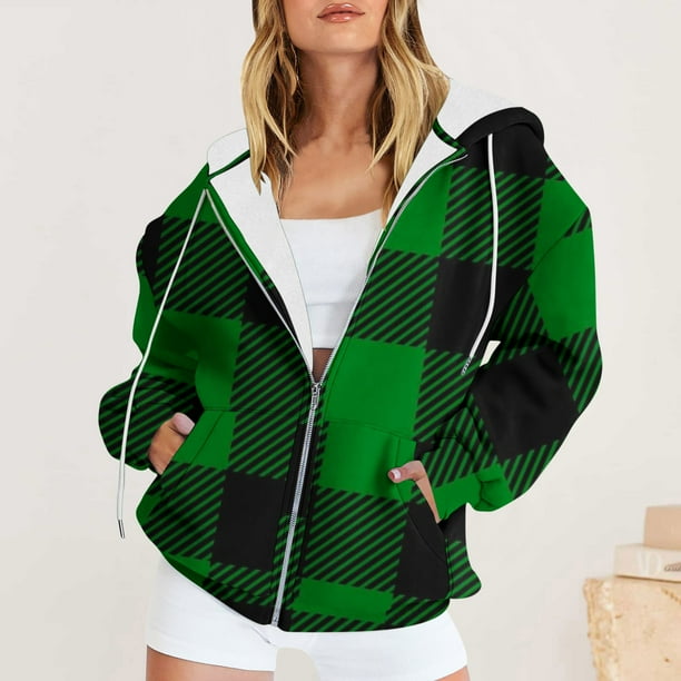 Sudadera con capucha de manga larga para mujer, informal, con capucha, holgada, a cuadros, de manga larga, para otoño e invierno