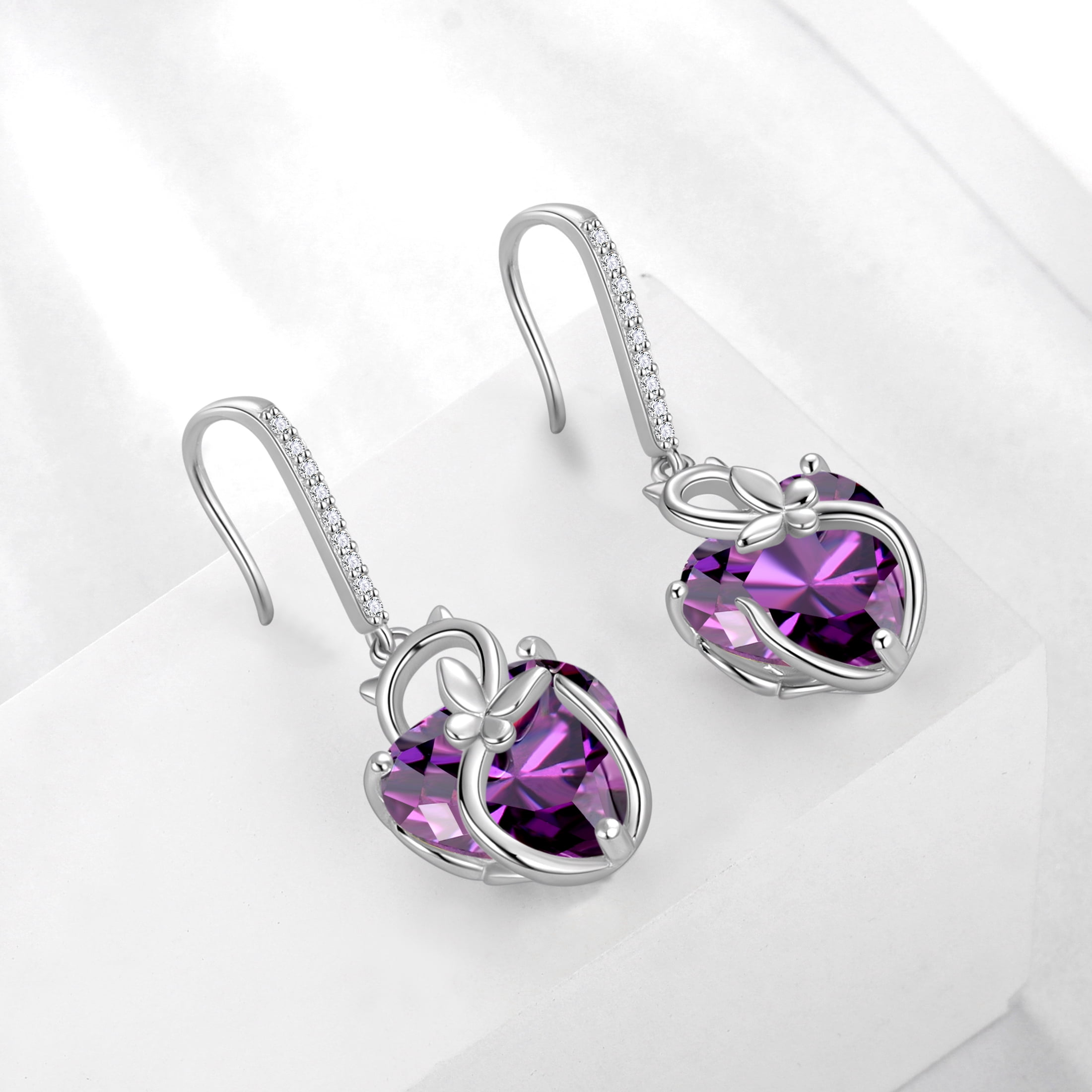 Juwaliy Cat Butterfly Earrings for Women 925 Sterling Silver Earrings Dangle Hook Purple Heart Amethyst February Birthstone Jewelry Mother Christmas Birthday Valentine's Day Gifts for Wife