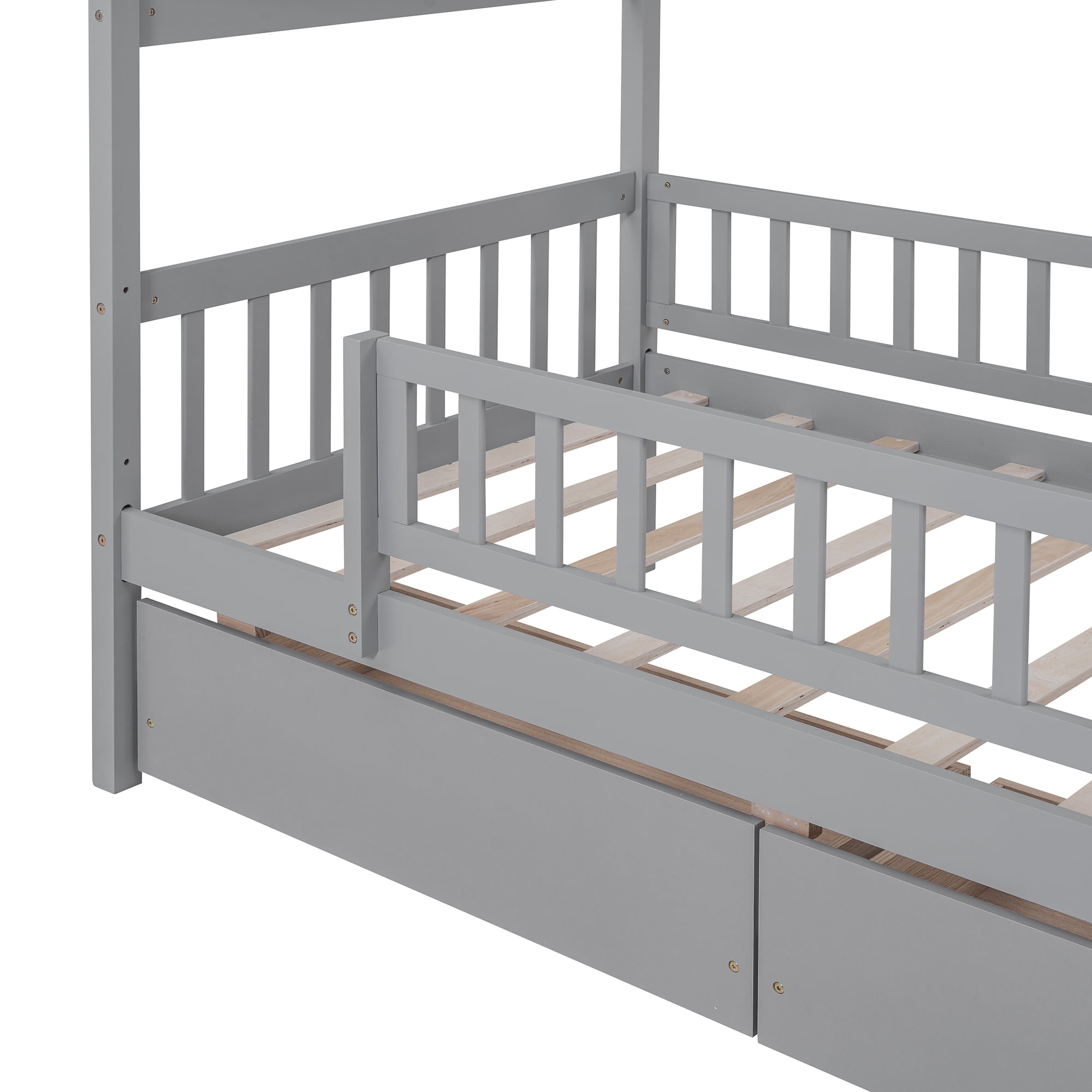 Harper & Bright Designs Twin House Bed with 2 Storage Drawers, Twin Bed Frame with Rails and Roof, Wooden Tent Montessori Bed for Bedroom, Gray