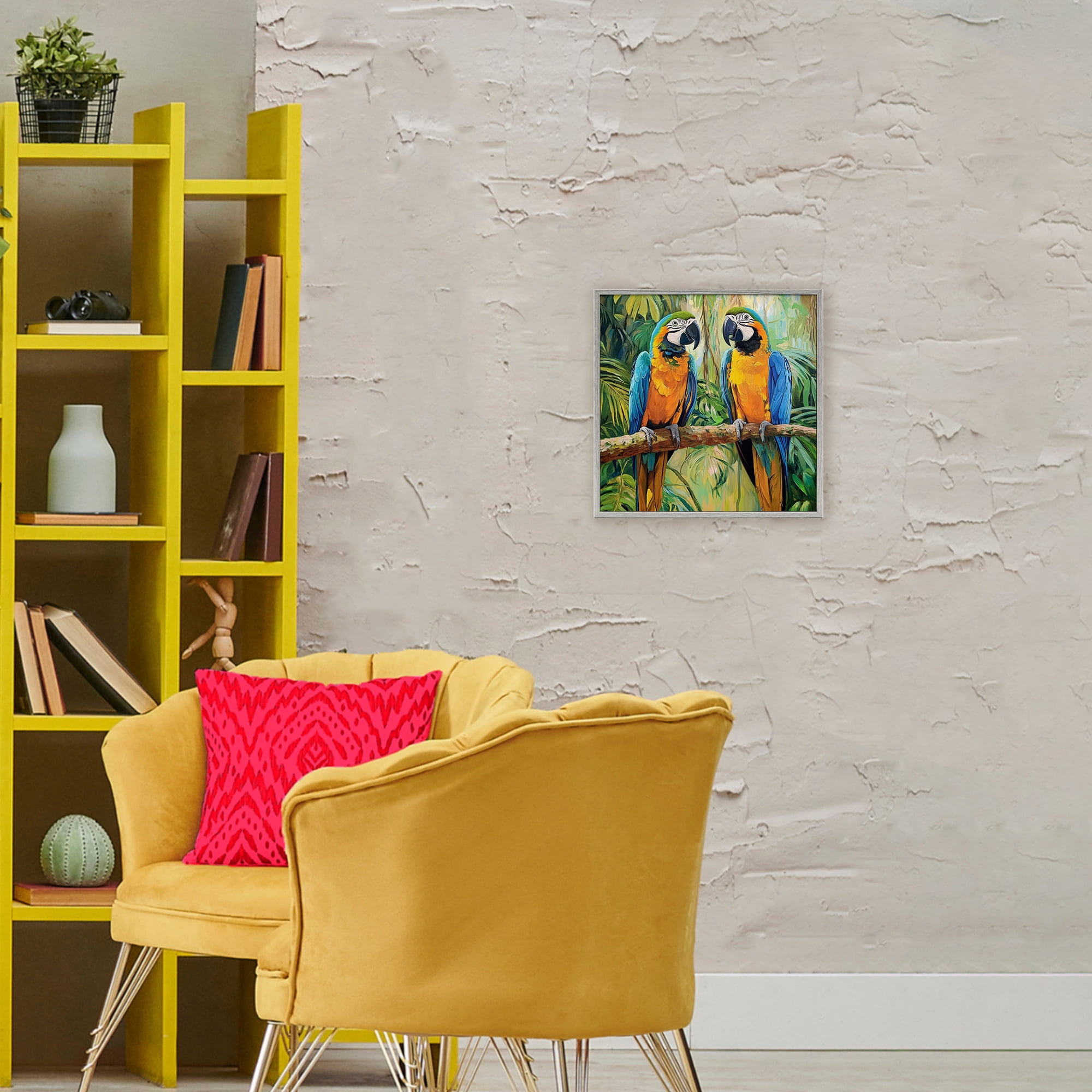 Stupell Industries Two Macaws Among Foliage Gray Framed Giclee Art, design by Petal Prints Design