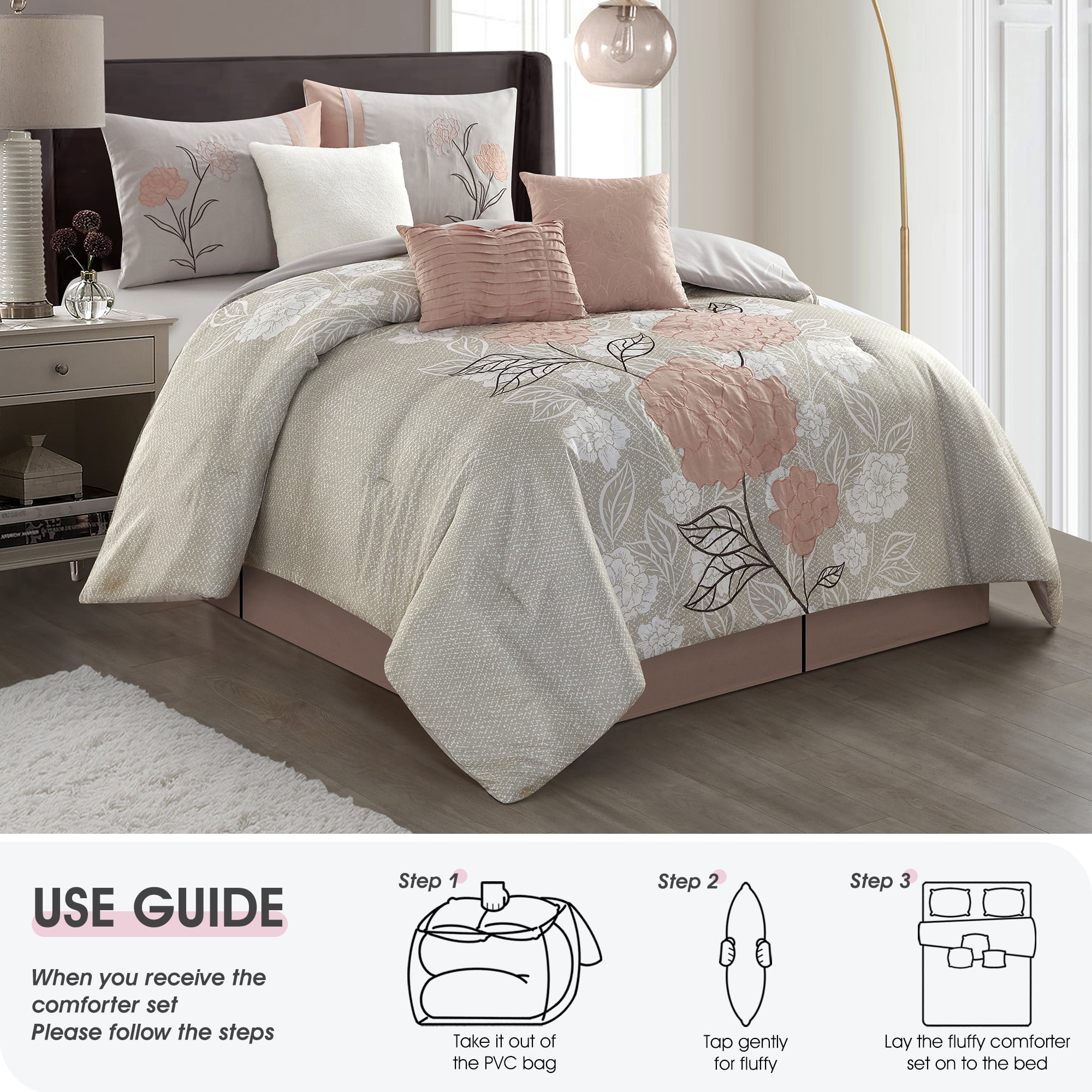 Lanco Anemone Floral 7 Piece Comforter Set Blush, Bed Size Queen, Fill Polyester