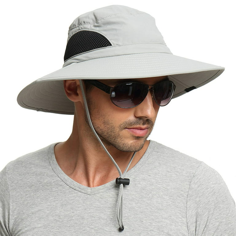 Outdoor Fishing Hat Breathable Lightweight Wide Brim Hat with Neck Strap  Unisex Men Women/Light Grey 