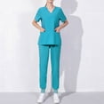 thumbnail image 2 of Atogsazn Womens Scrub Sets Summer Outfits V Neck Short Sleeve Nurse Suit Solid Color T Shirt and Straight Leg Pants Set B-Light Blue XXXXL Fashion, 2 of 4