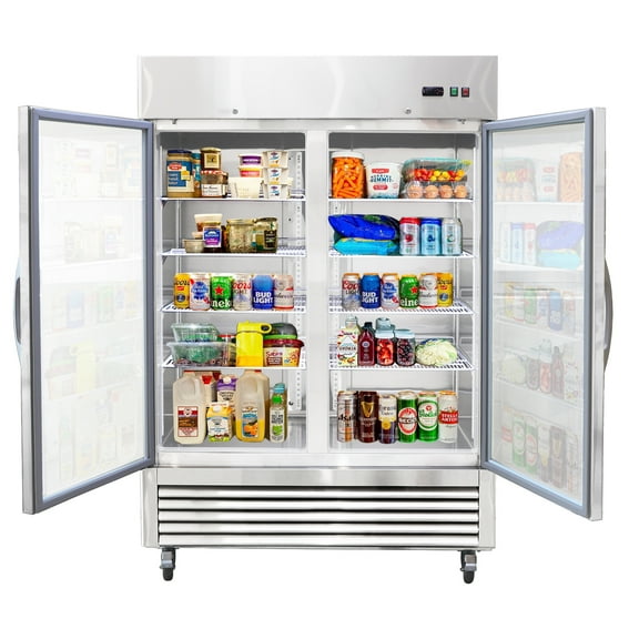 54"W Commercial Refrigerator 2 Glass Door Stainless Steel Interior and Exterior Construction Display Refrigerator 42.2 Cu.ft. Reach-in Merchandising Refrigerator Upright Fan Cooling Merchandiser