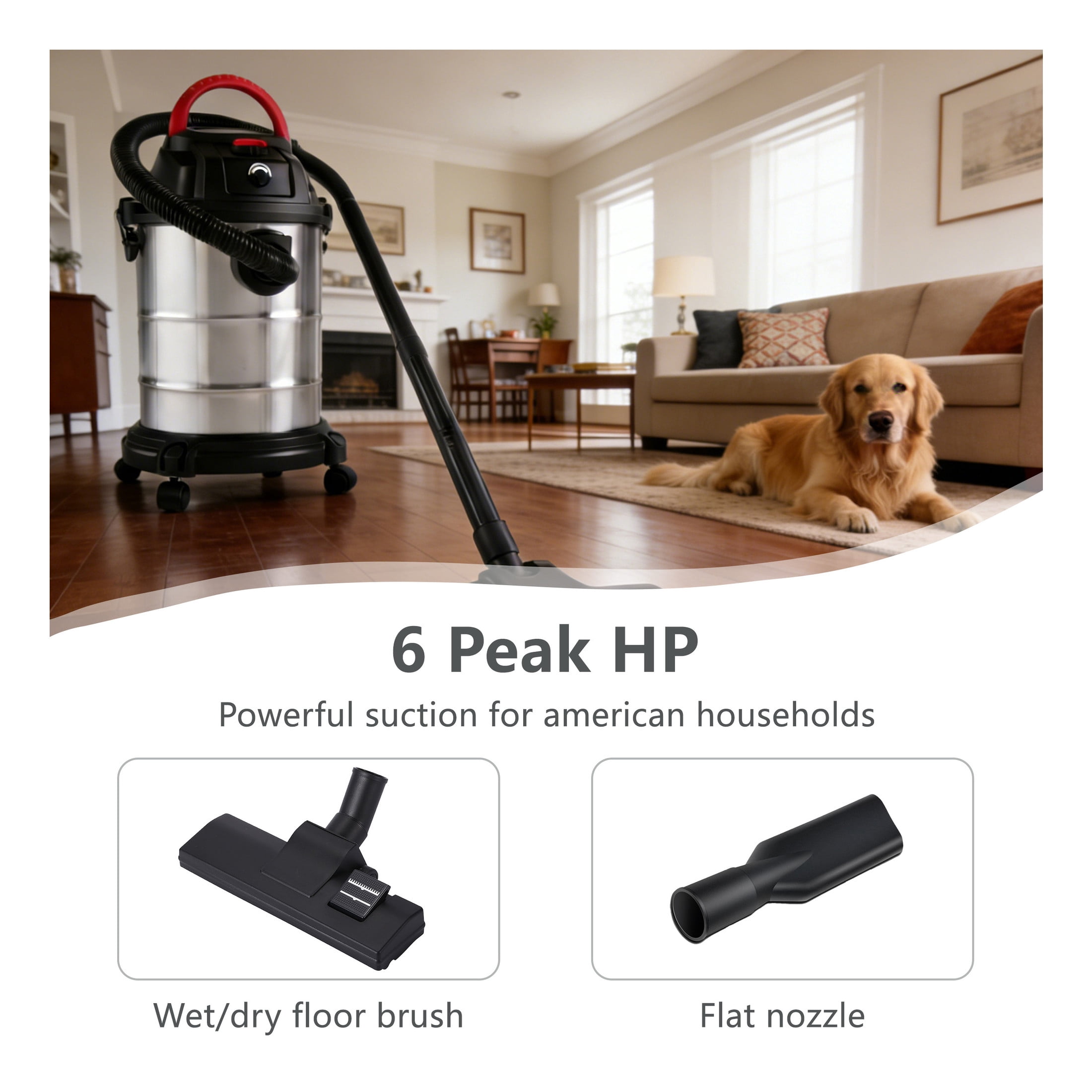 GDF Studio 8 Gallon Wet Dry Vacuum, 6 Peak HP 3-in-1 Shop Vac with Blower Function, Black