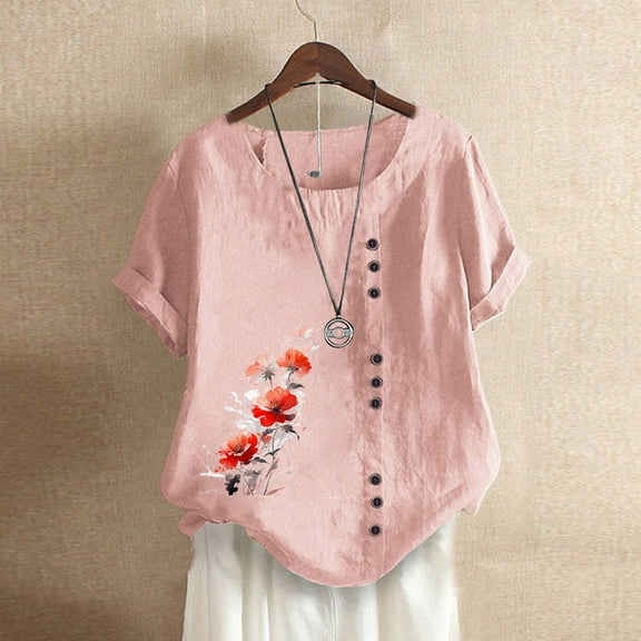 TYGHBN Women's Vintage and Linen Print Short Sleeved Loose Casual T Shirt Top Top Women Summer Women Stripe Shirt Women's Tee Shirts Athletic V Neck Shirts Women Football Shirt Women T Shirts for