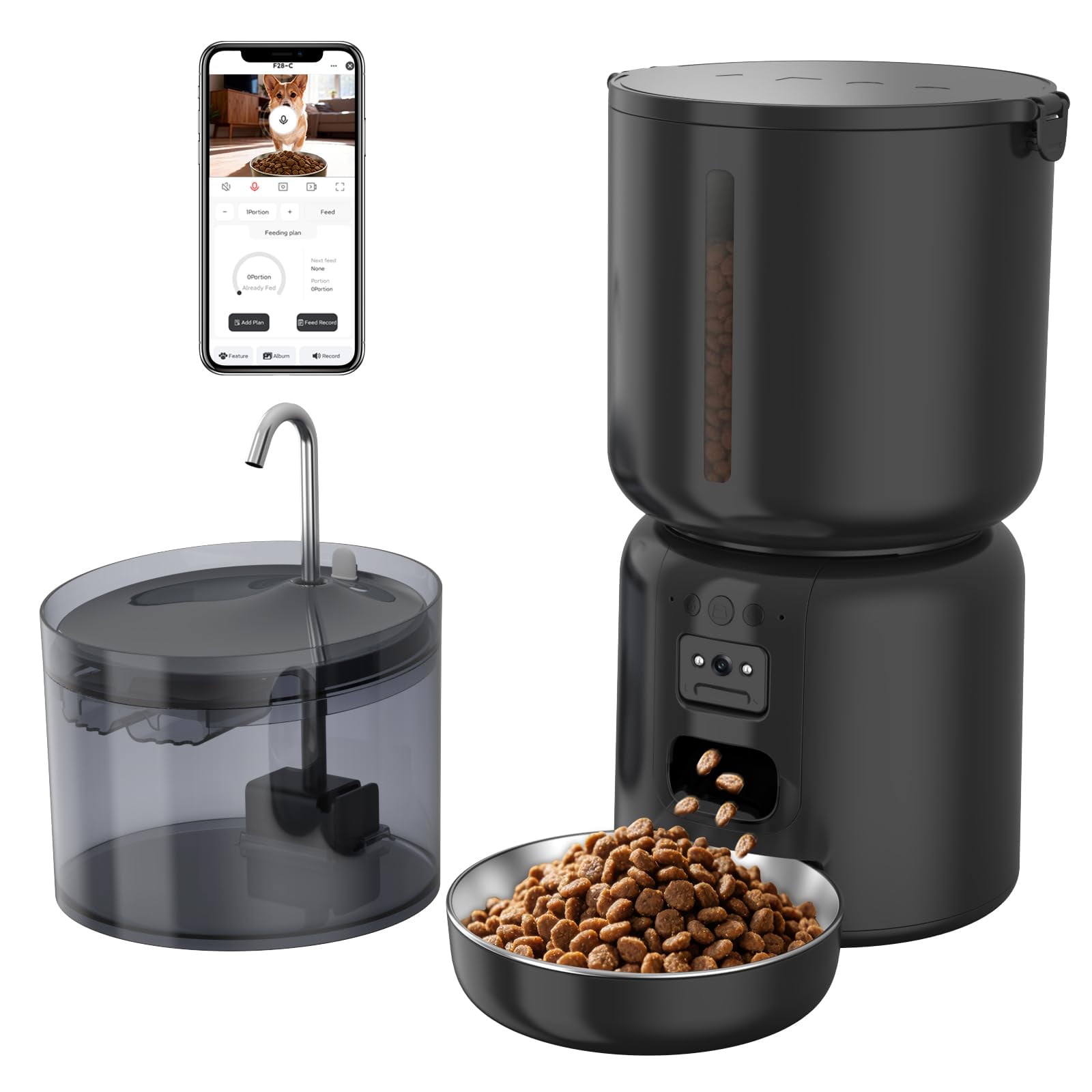 Automatic Cat Feeder with 1080P Camera and Waterer Set, 4L Smart Pet Feeder & 2.2L Filtered Water Fountain, App Control Timed Pet Feeder, 5G/2.4G WiFi, LED Light, Two-Way Audio, Dual Power