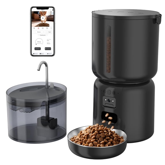 Automatic Cat Feeder with 1080P Camera and Waterer Set, 4L Smart Pet Feeder & 2.2L Filtered Water Fountain, App Control Timed Pet Feeder, 5G/2.4G WiFi, LED Light, Two-Way Audio, Dual Power