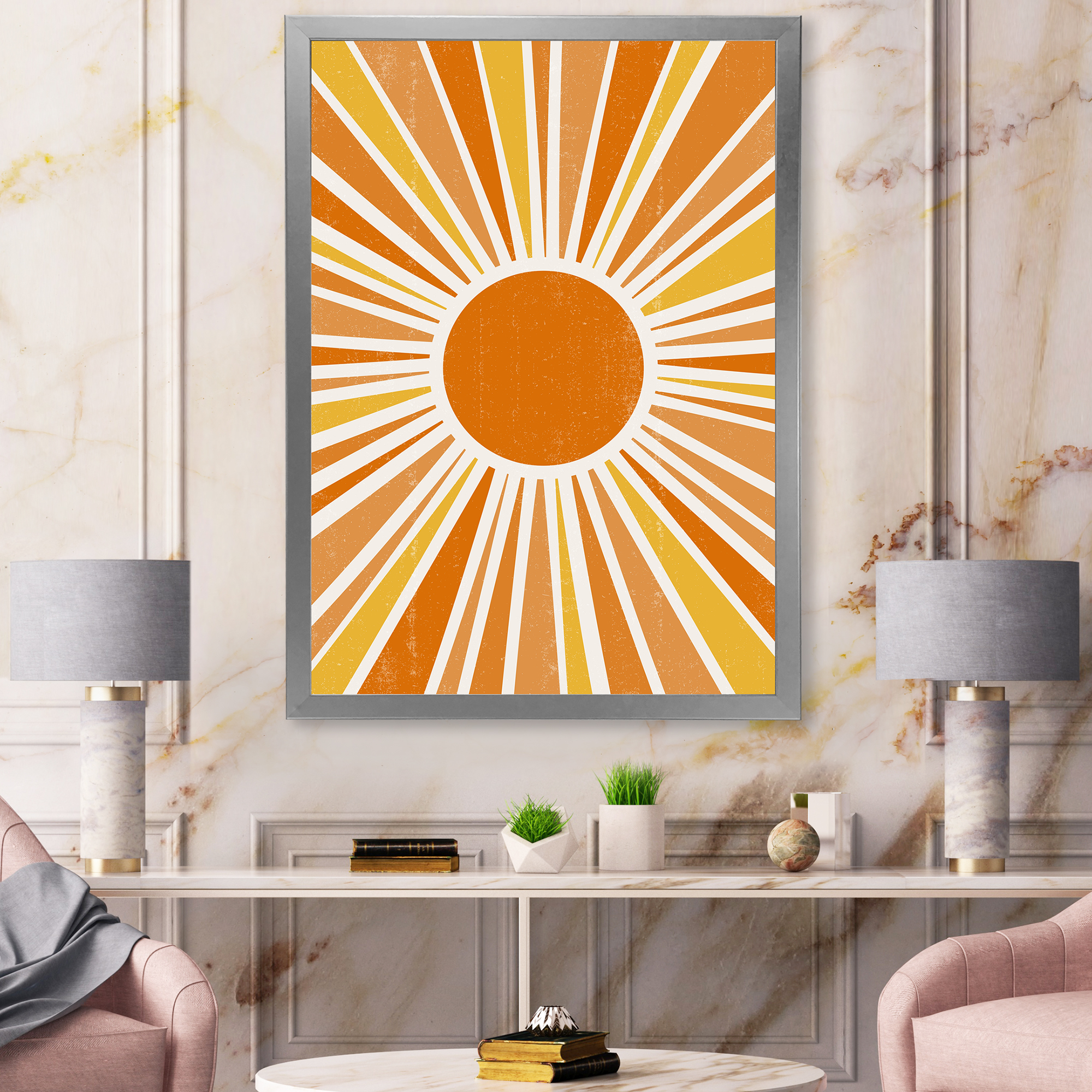 Designart 'Minimal Bright Shining Orange Sun Rays I' Modern Framed Art Print