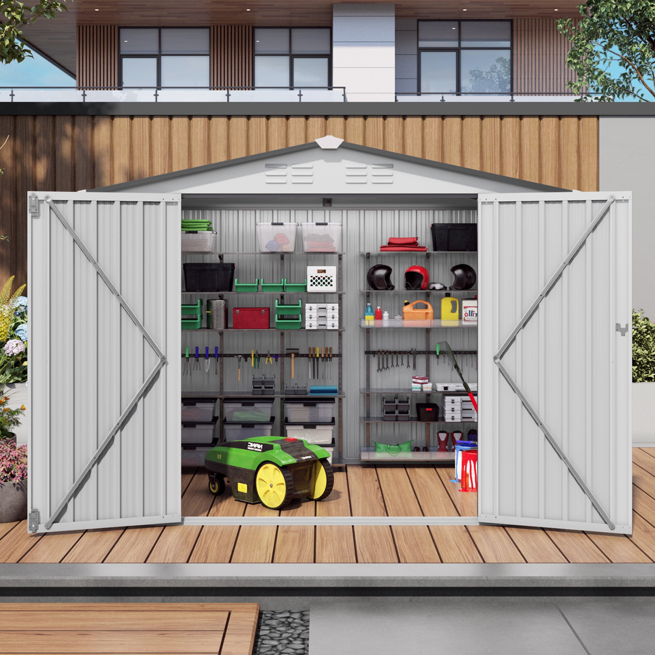 Noble House 8 x 6 FT Metal Storage Shed with Lockable Double Doors, Window and Vents, White + Gray