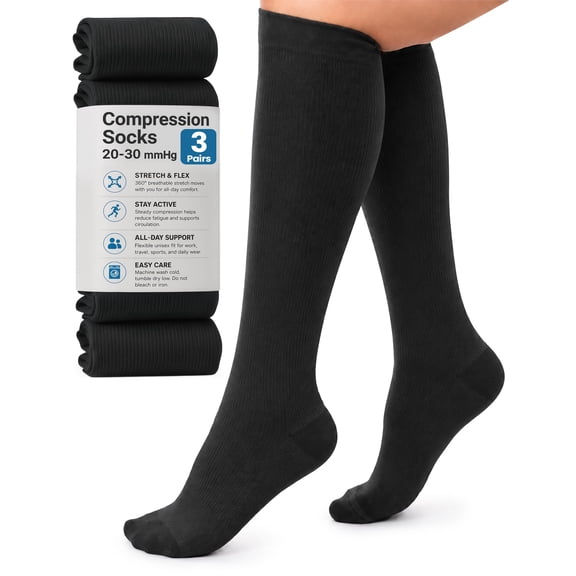 NY Threads 3 Pairs Breathable 360° Stretch Compression Socks for Women Men 20-30 mmHg, Large-X-Large, Black, Black, Black