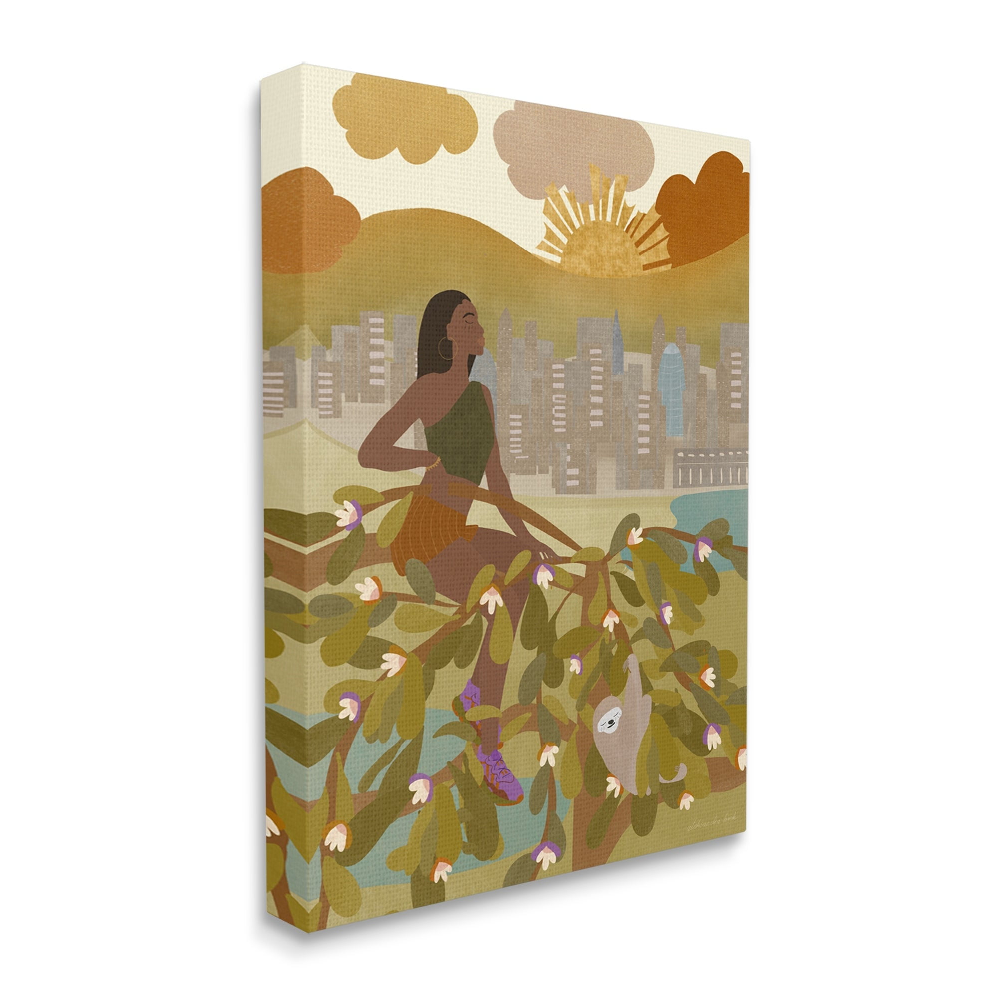 Stupell Industries Woman Sitting in Tree Sloth Animal City Buildings, 24 x 30,Design by Birch&Ink