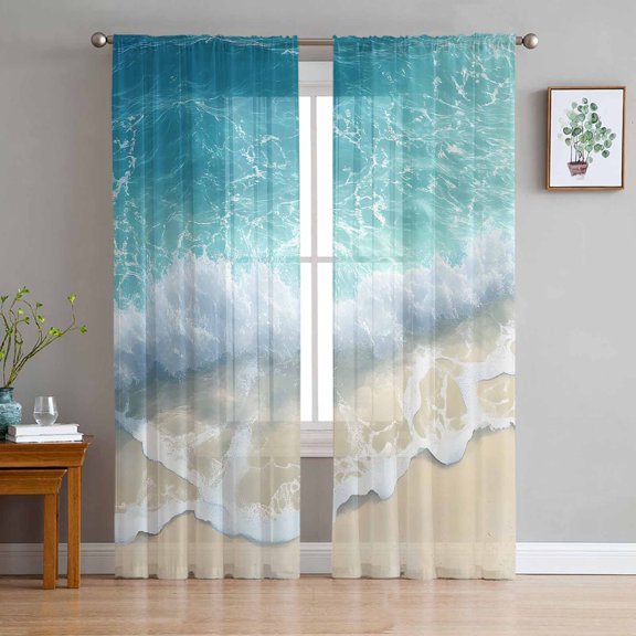 Aqua Blue Beach Sheer Curtains 96 Inch Length 2 Panels Set for Living Room/Bedroom, Coastal Seawaves Sand Shore Scenery Semi Curtain Sheers Drapes Rod Pocket Curtains Window Treatment Set 52''x96''x2