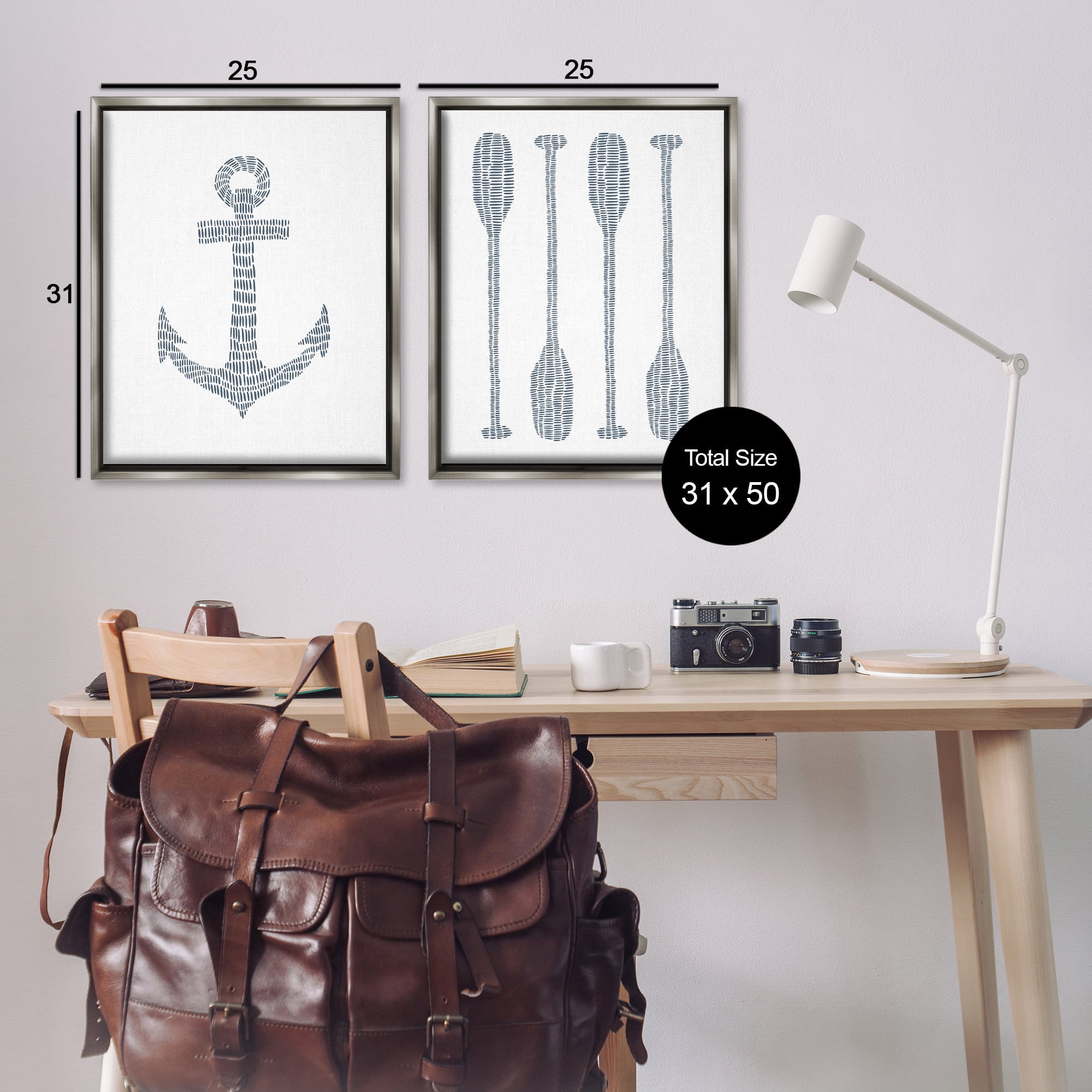 Stupell Industries Simple Lines Nautical Anchor Oars Nautical & Beach Painting Gray Floater Framed Canvas Art Print Wall Art, 31 x 25, Set of 2