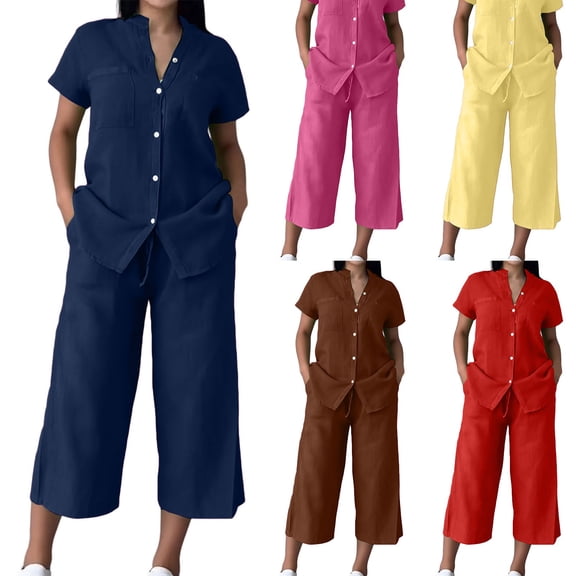 Women’s 2 Piece Outfit Set Button Short Sleeve Shirt and Drawstring Waist Cropped Wide Leg Capri Pants with Pockets, Light Weight for Daily‑Wear, Vacation and Shopping S-5XL Yellow