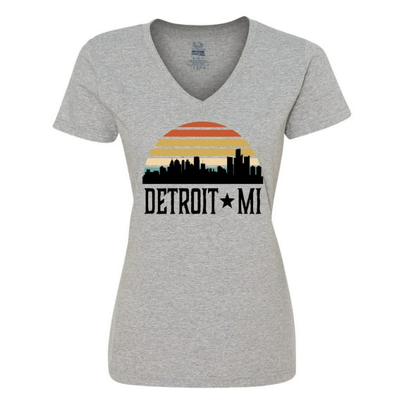 Inktastic Detroit Michigan Skyline Retro Women's V-Neck T-Shirt