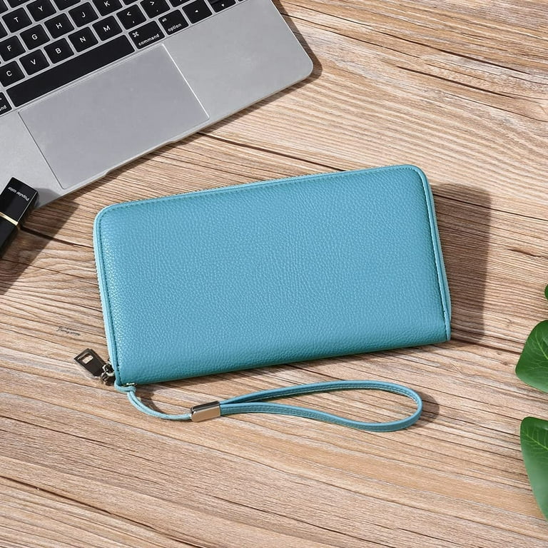Genuine Leather Trifold Women’s Zipper Wallet with Wristband Light Blue