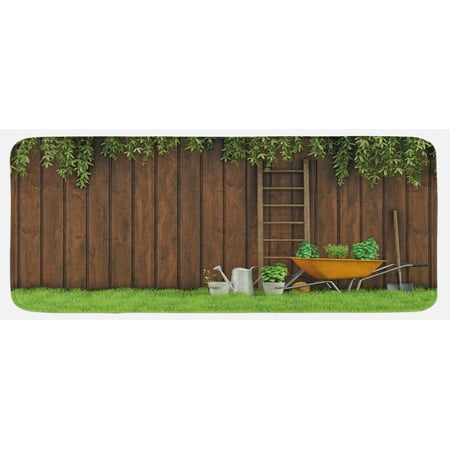 

Farmland Kitchen Mat Gardening Material Tools on the Backyard with Shovel and Bucket Design Print Plush Decorative Kitchen Mat with Non Slip Backing 47 X 19 Green Brown by Ambesonne