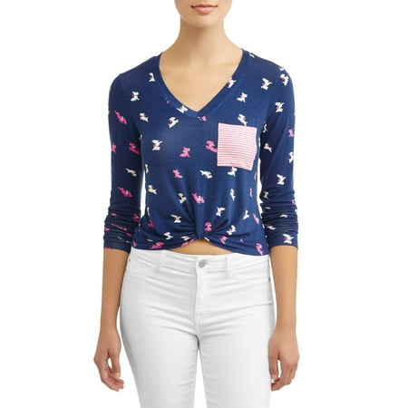 Juniors' All Over Printed Twist Front Pocket Tee