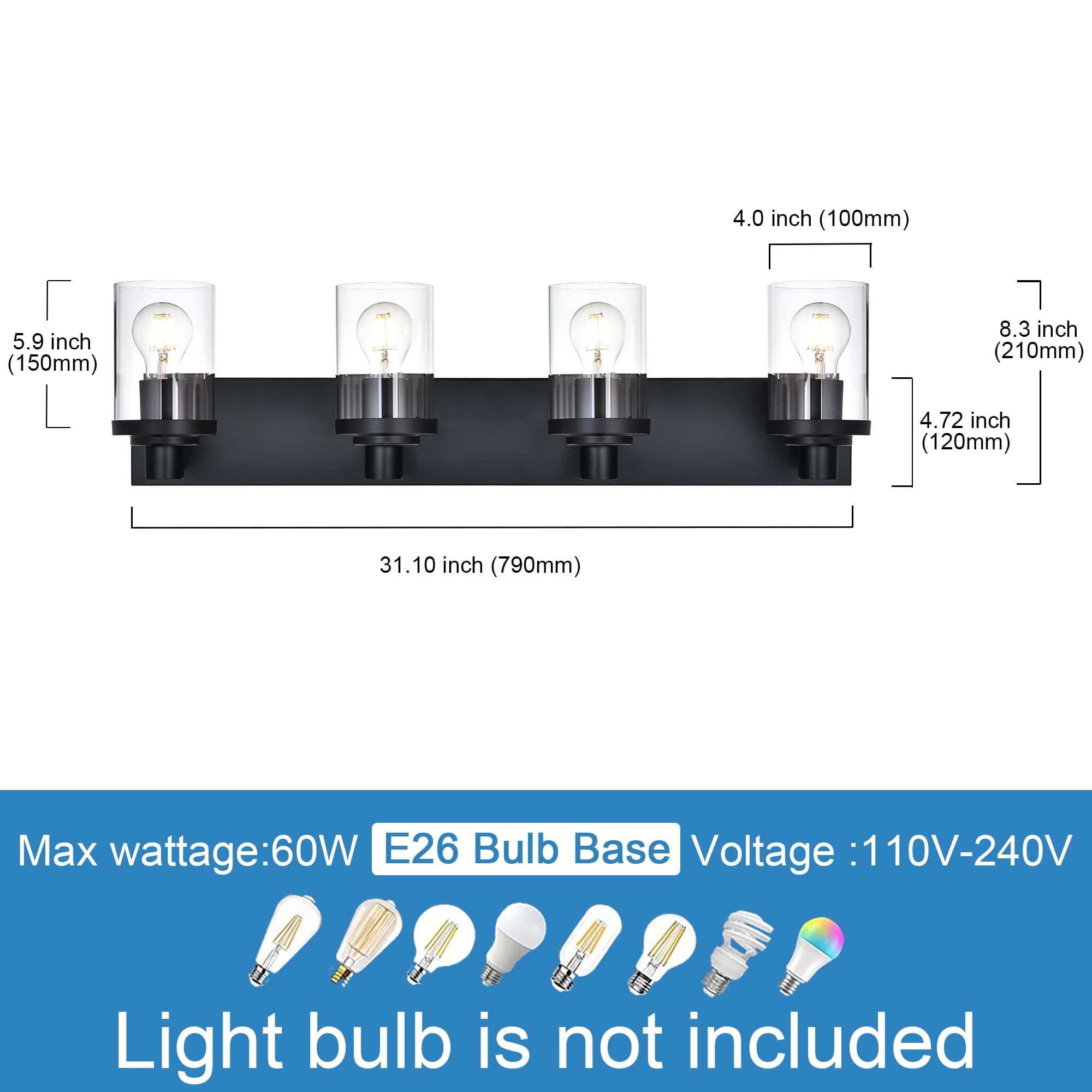 Melucee Bathroom Vanity Light Fixture Over Mirror, Metal Black Bathroom Lights Over Mirror 4-Lights, Modern Wall Mount Lighting with Clear Glass Shade Vanity Lights for Hallway Living Room Cabinet