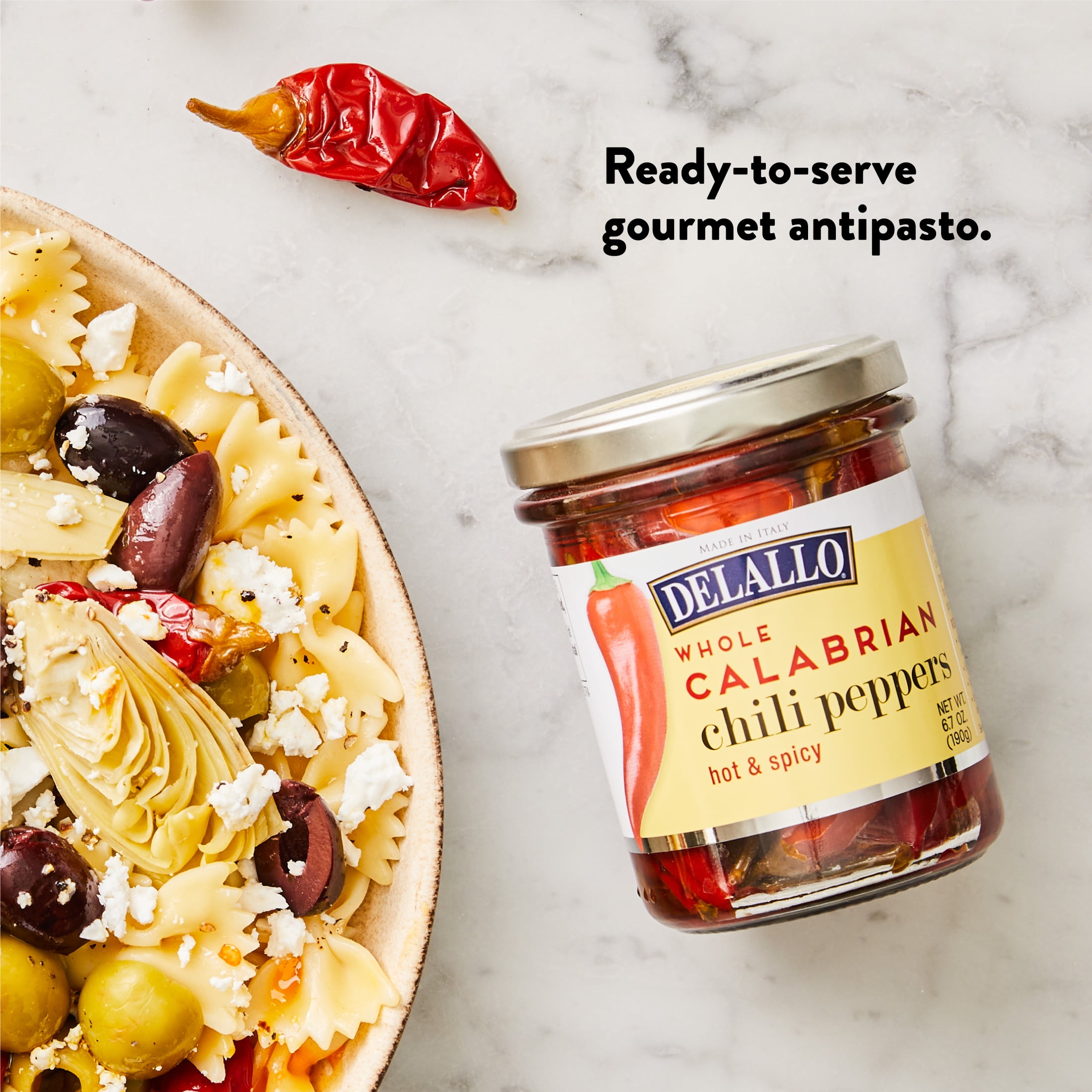 DeLallo Whole Calabrian Chili Peppers, 6.7 oz Jar, Grown in Italy, Ready to Serve (3-Pack)