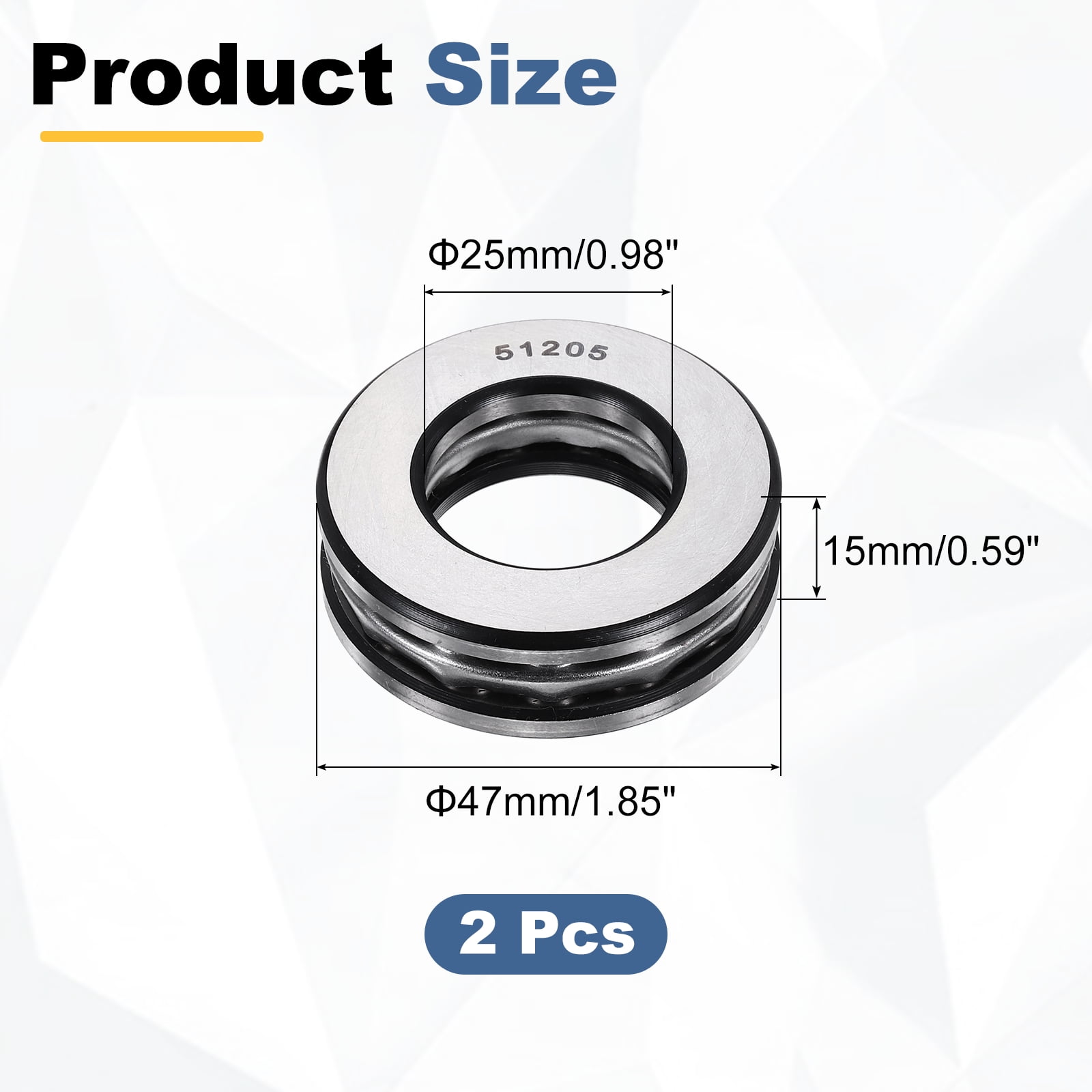 Uxcell 2 Pack Thrust Ball Bearings, 25mm Bore 47mm OD 15mm Thick 51205 Single Row Roller, Chrome Steel Axial Ball Bearing, ABEC5