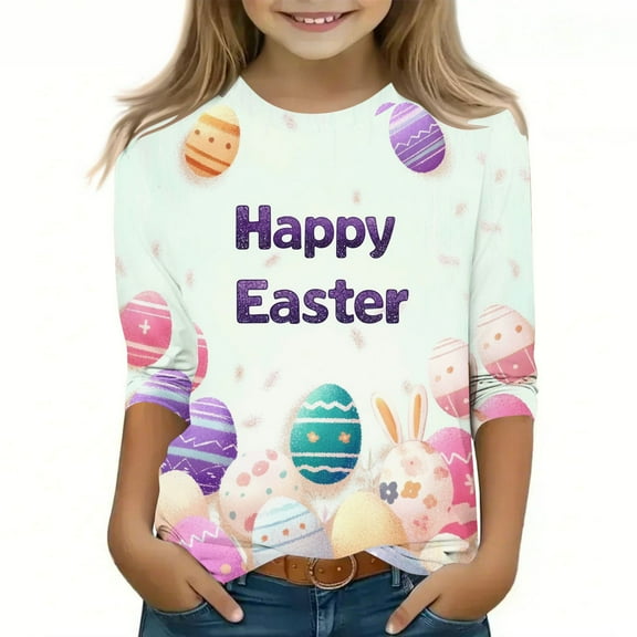 CFLVAEK Happy Easter 3/4 Sleeve Tshirt for Girls Funny Easter Eggs Letter Print T Shirts Kids Casual Round Neck Easter Gift Tops for Kids Purple 9 Years