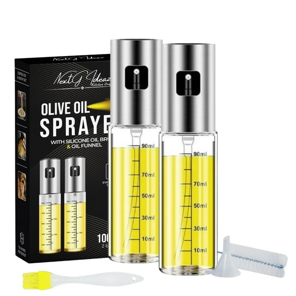 NextG Ideaz Oil Sprayer for Cooking - 2 x 100ml Sprayers, Clear Transparent Glass Bottles, Food Grade, Refillable, Multi Purpose Oil Mister with Non Slip Cap, Oil Funnel & Silicone Brush