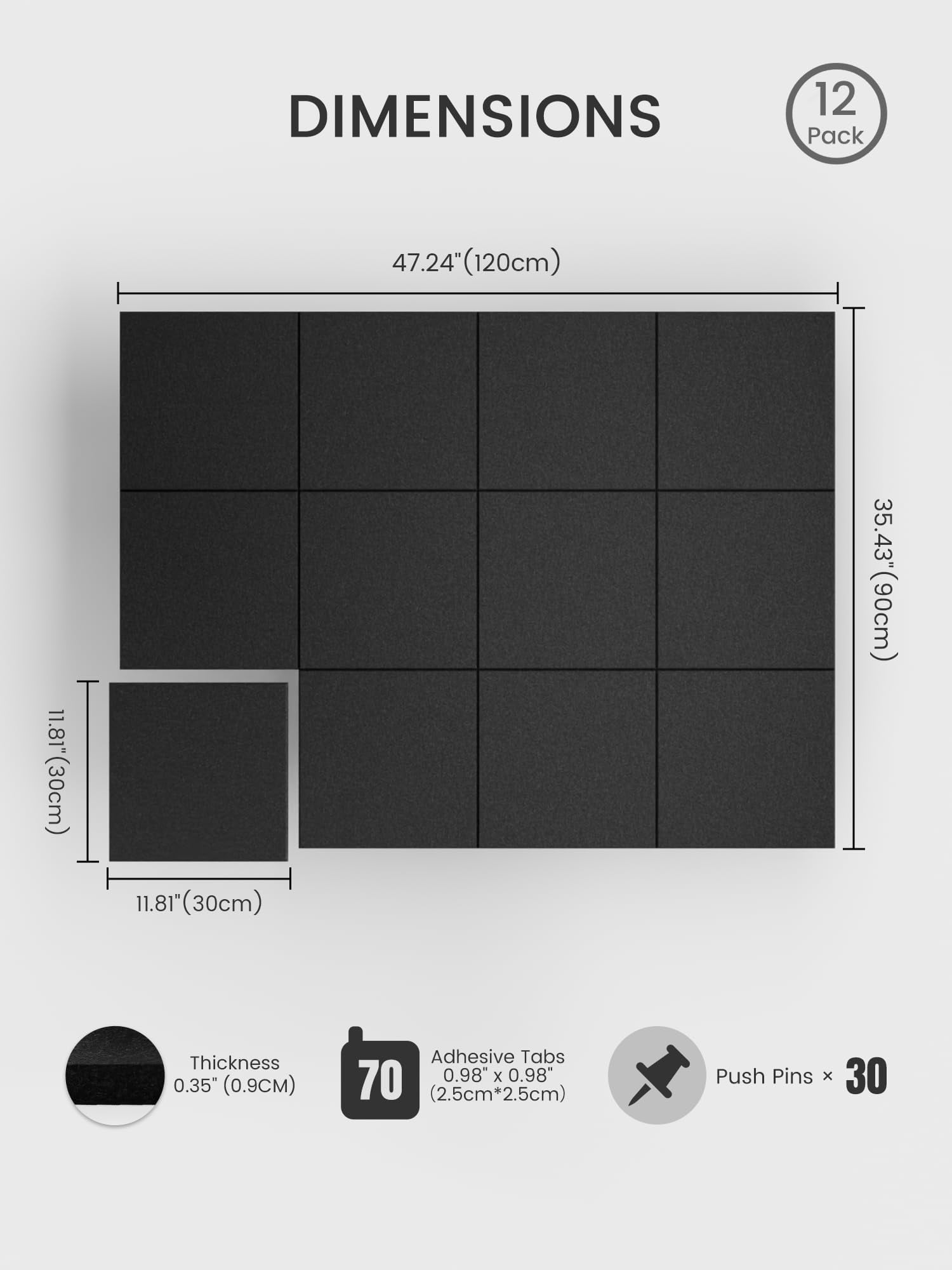 Large Cork Board 48" X 36" Alternative - 12 Pack Felt Wall Tiles With 70 Safe Removable Adhesive Tabs  30 Pushpins Boards For Walls Pin Bulletin Office Decor (black)