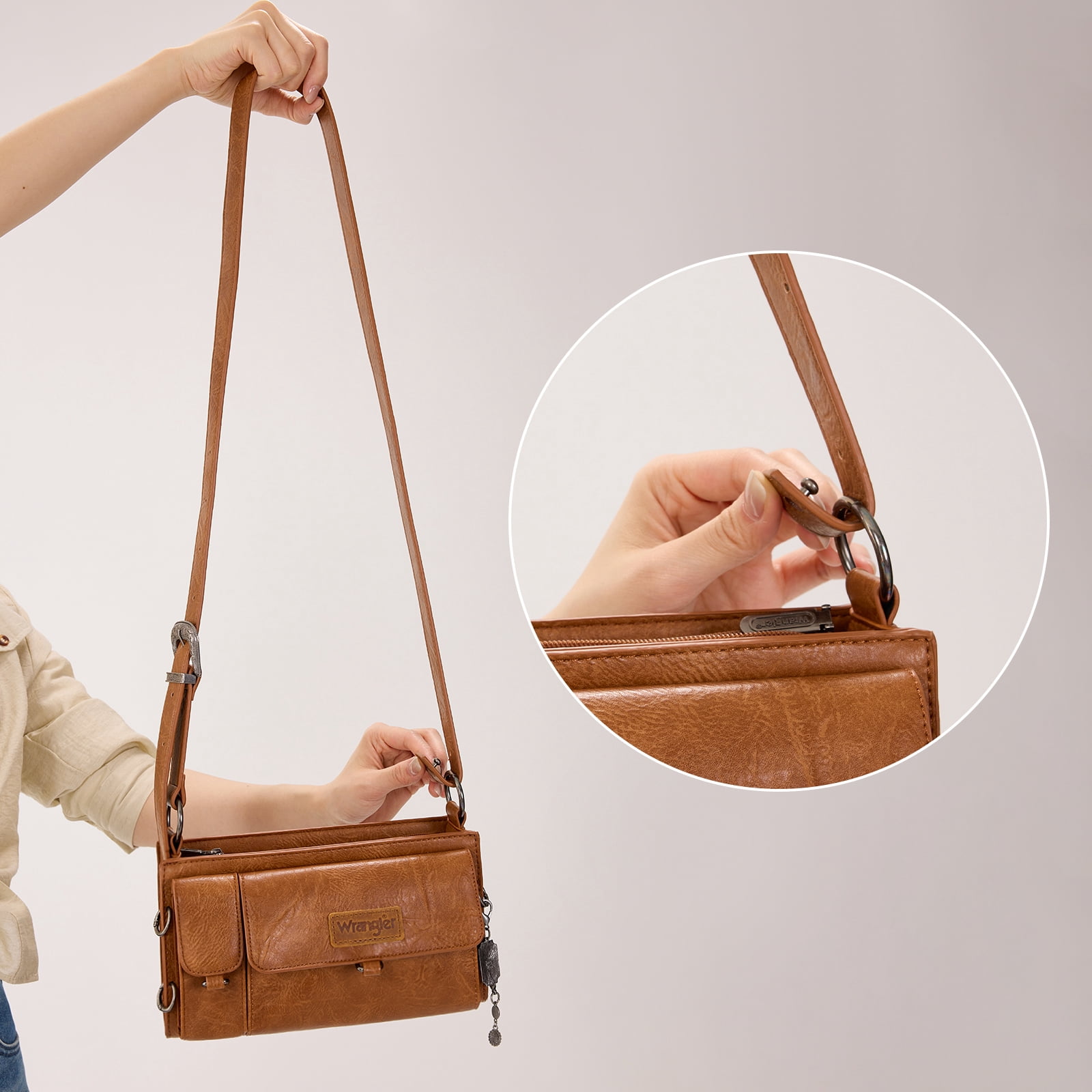 Wrangler Y2K Purse Small Shoulder Bag for Women Stylish Western Design with Detachable Charms Multiple Pockets, Brown