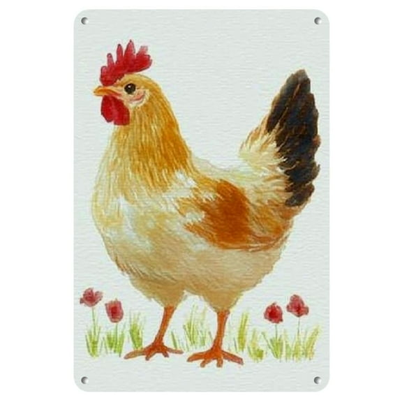 Rustic Hen & Chick Watercolor Metal Wall Art - Tin Sign with Yellow Accents for Home, Office, Coffee Bar Decor - Easy to Hang, Fade-Resistant, Metal Wall Art Decor