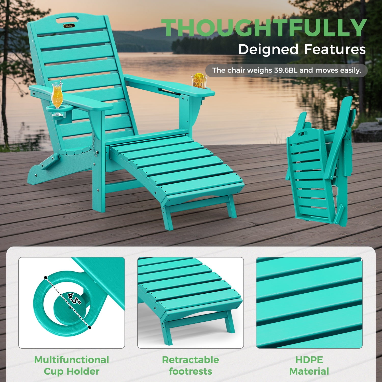 Folding Adirondack Chair with Ottoman Set of 2 HDPE Patio Chair Pull Out Footrest with 2 Cup Holders Garden Lawn Lake Blue