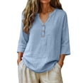 thumbnail image 2 of Linen Tops for Women Plus Size Gauze Summer Shirts V Neck Short Sleeve Button Blouses Loose Fit Casual Dressy Tunics Light Blue L, 2 of 8