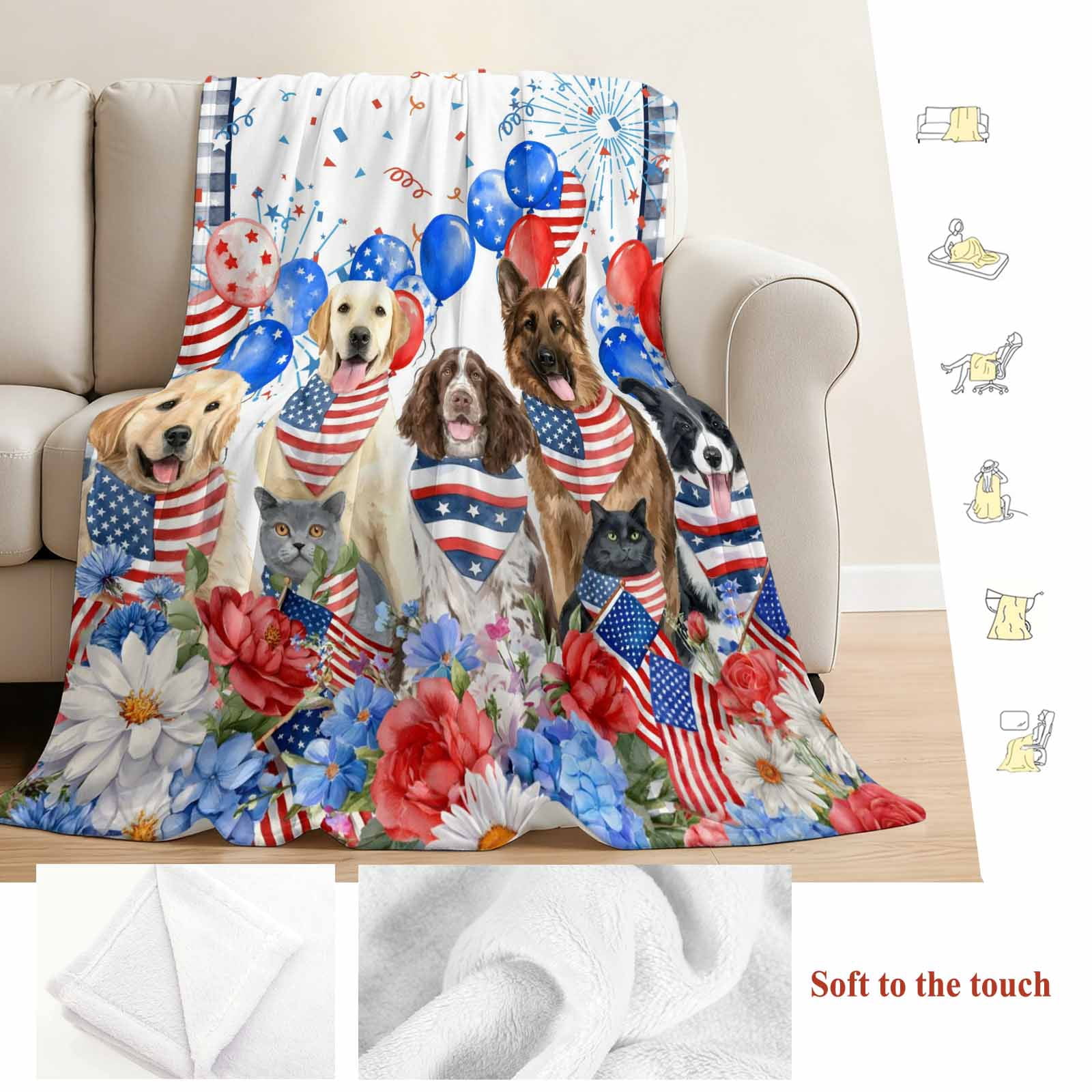 Independence Day Blanket Soft Cozy Warm Throw Blanket for Couch, Plush Fuzzy Flannel Fleece Blankets for Sofa, Red Blue Floral Dogs 4th of July Plaid Bed Blankets Lightweight Gifts for Women, 50"x60"