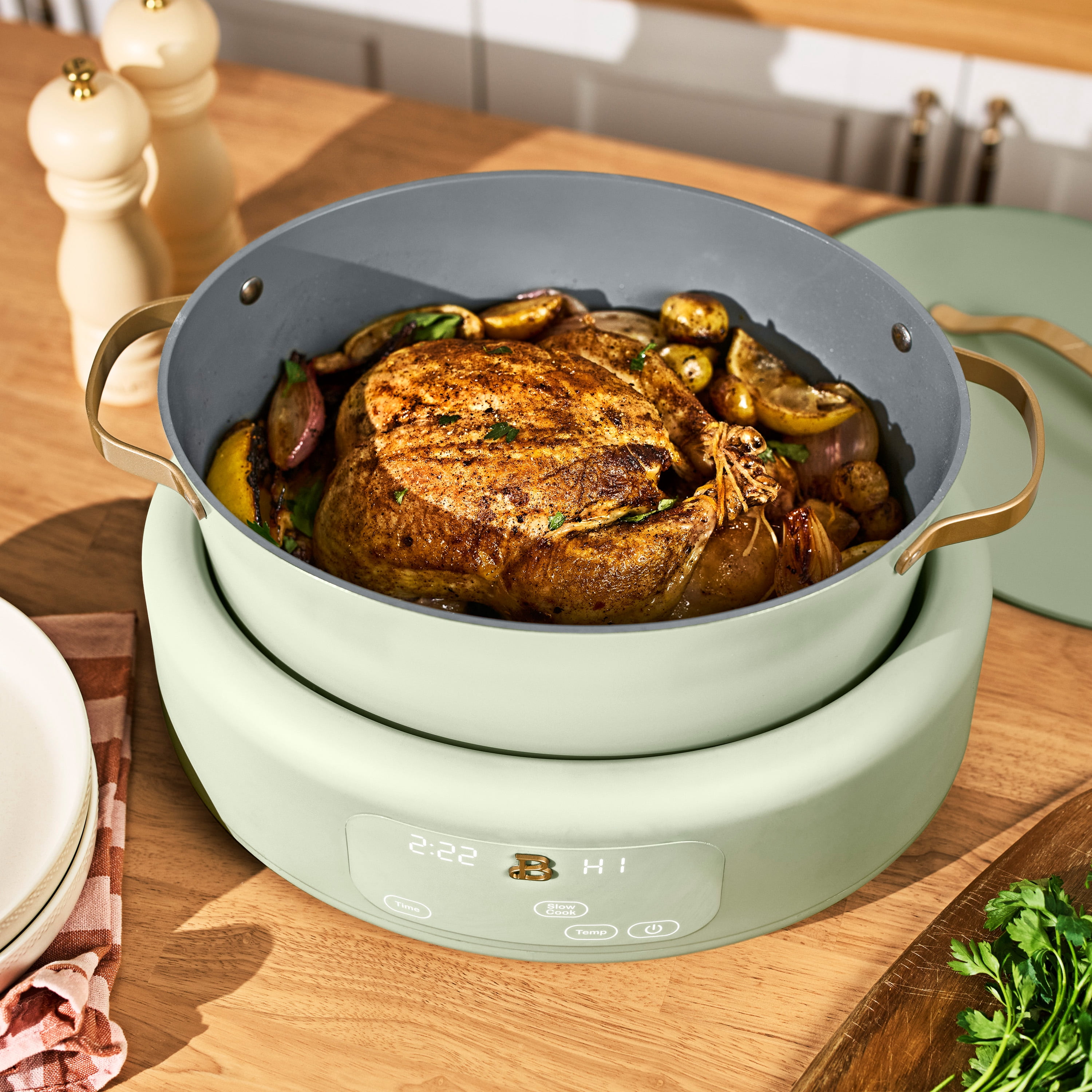 Beautiful 10-in-1, 8 Qt Multi-Cooker with Bamboo Steamer Insert by Drew Barrymore, Sage Green
