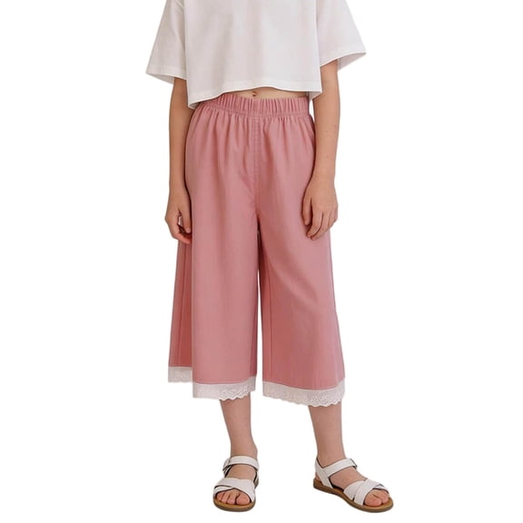 Ugoldhm Girls Lace Trim Elastic Waist Wide Leg Cropped Pants with Scalloped Hem for Summer Casual Wear