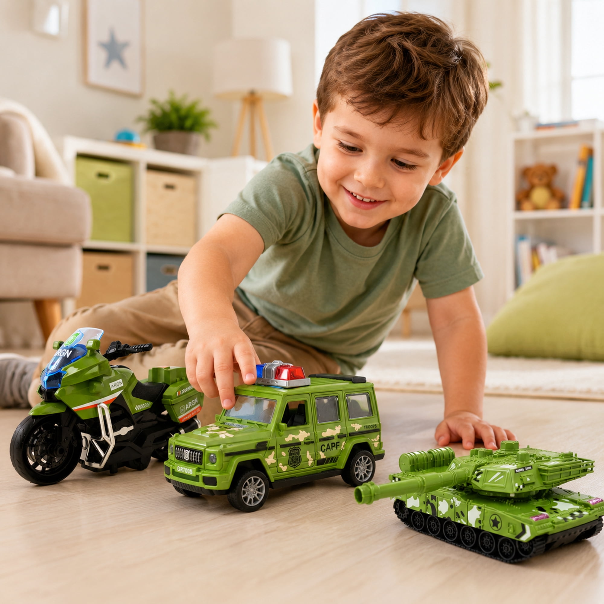 Friction Powered Vehicle Toys 3 Pack, Camouflage Tank Jeep Motorcycle Push and Go Toy Cars for Kids Ages 3+, No Battery Gift Set
