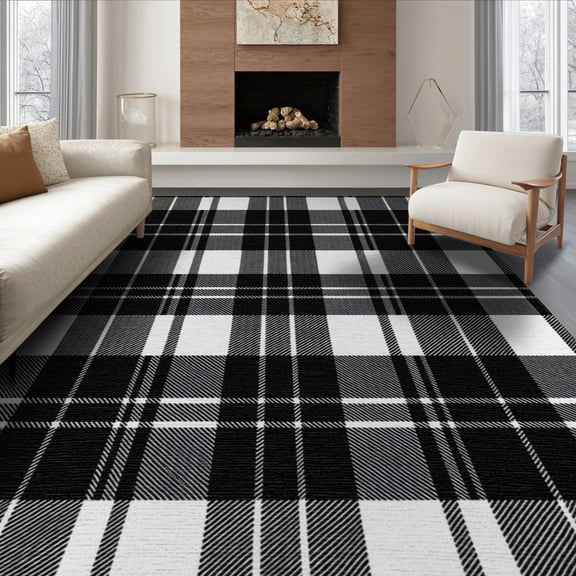 ODIKA 8'x10' Washable Area Rug Plaid Interlocking Border Geometric Stripe Fireplace Contemporary for Dining Room, Large Office, Lounge, Non-Slip Chair-Friendly Mat