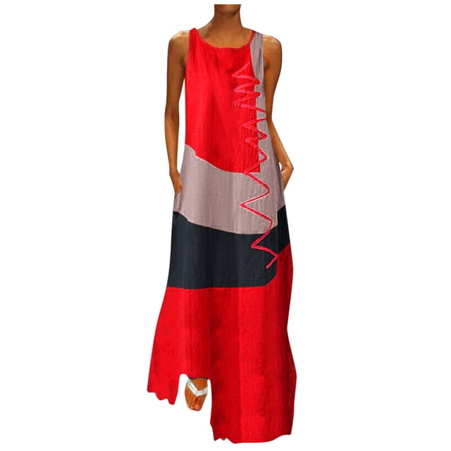 outfmvch Robe Grande Taille pour Femmes, Sans Manches, vintage, patchwork, Bohème, Col Rond, maxi Robe d'Automne