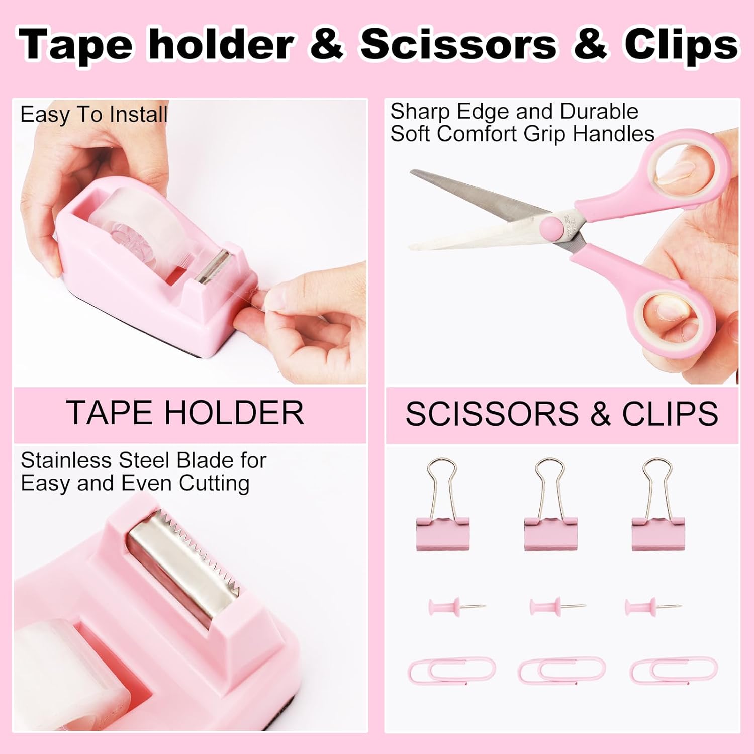 Desk Organizers and Accessories, 10 Pcs Set with 360-Degree Rotating Pen Holder, Tape Dispenser, Stapler, Staple Remover, 1000 Staples, Tape, Clips Set, Ruler, Scissor, Pen