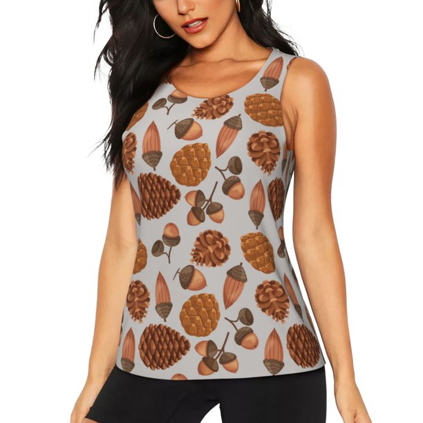 Balery Pinecone Autumn Pattern Camiseta sin mangas estampada ligera para mujer, tops de entrenamiento sin mangas, camisetas de yoga transpirables de secado rápido.-Large