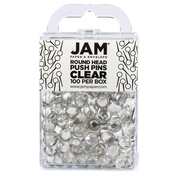 JAM Colorful Push Pins, Round Head Map Thumb Tacks, Clear Pushpins, 100