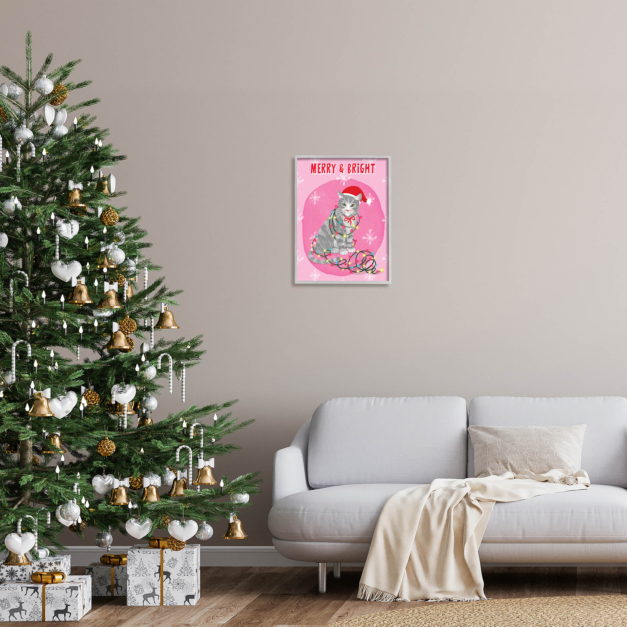 Merry & Bright Christmas Cat Holiday Graphic Art Gray Framed Art Print Wall Art