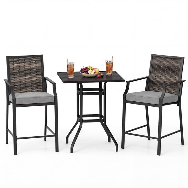 Gymax Ensemble de Bar d'Extérieur 3 Pcs Table de Bar de Patio à Dessus Haut et Chaises en Rotin Osier avec Coussins