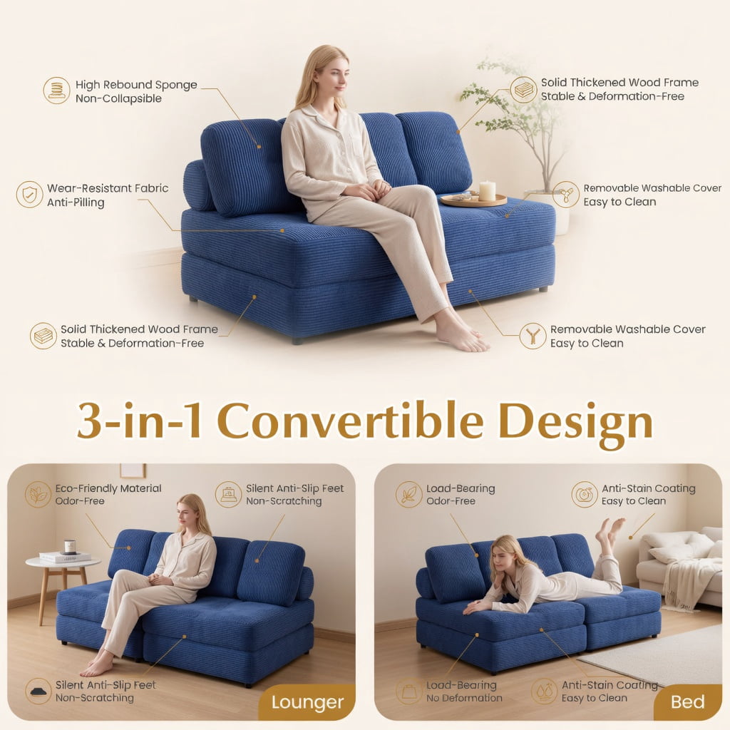 Hommoo Convertible Corduroy Folding Sofa Bed, 3-in-1 Living Room Sleeper with Back Support & Pillow, Navy Blue