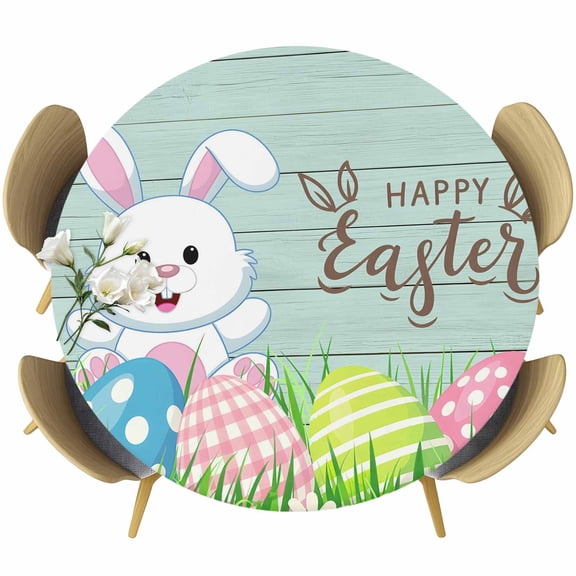 Round Table Cover 45-54 Inch Easter Rabbits Waterproof Reusable Table Cloth Round Fitted Vinyl Tablecloth with Elastic Edged for Parties Outdoors, Watercolor Eggs Cute Bunny Grass Flowers Blue